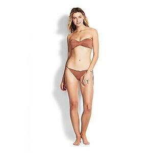 $190 Seafolly Stardust Bronze Side Tie Bandeau Twist Bikini Set Medium NEW